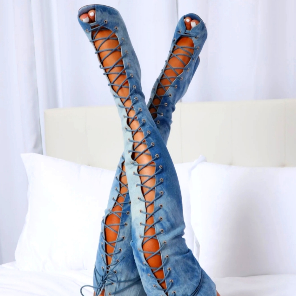 Knee denim high heel boots